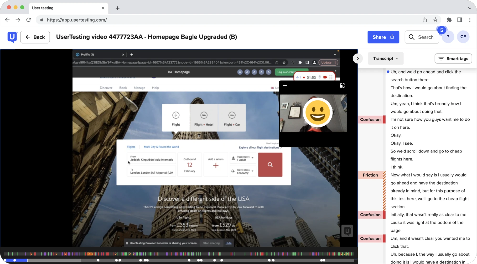 A usability testing session replayed with a tagged transcript, marking moments of confusion and friction in the flight search