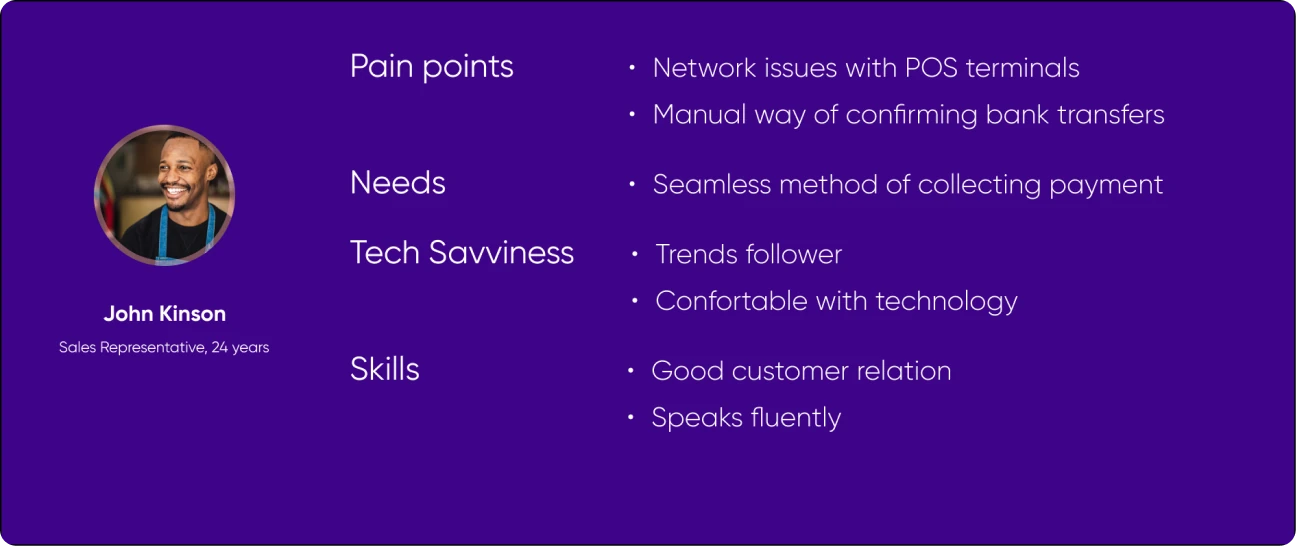 Sales representative persona: pain points are unreliable POS terminals and manually confirming bank transfers, needing a seamless way to collect payment