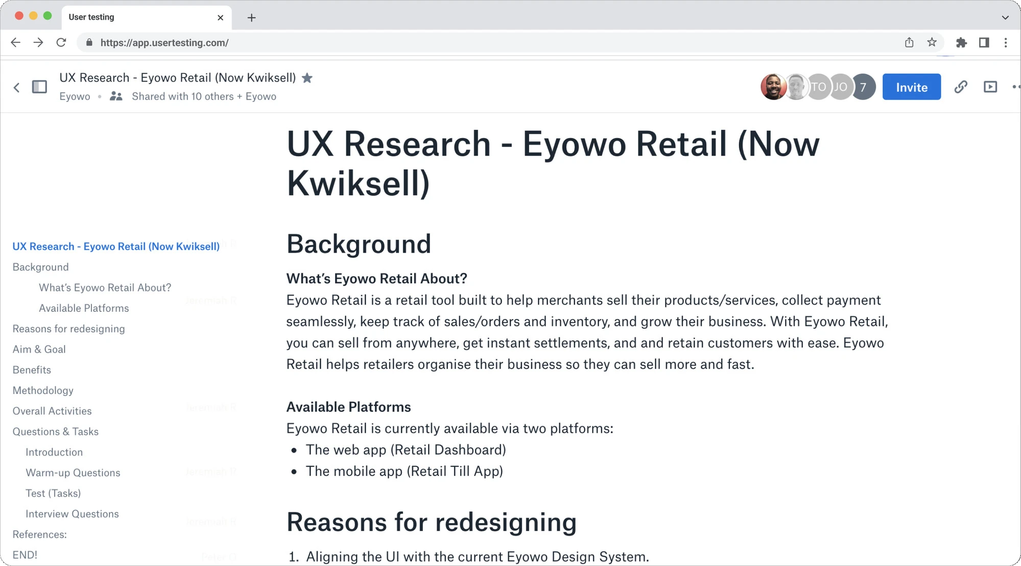 The research plan for Eyowo Retail, covering background, aim and goal, methodology, activities, and the question and task script