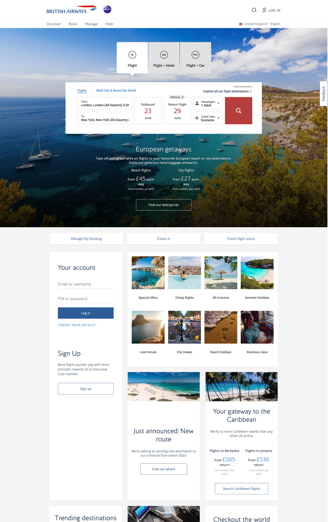 BA.com homepage before the redesign