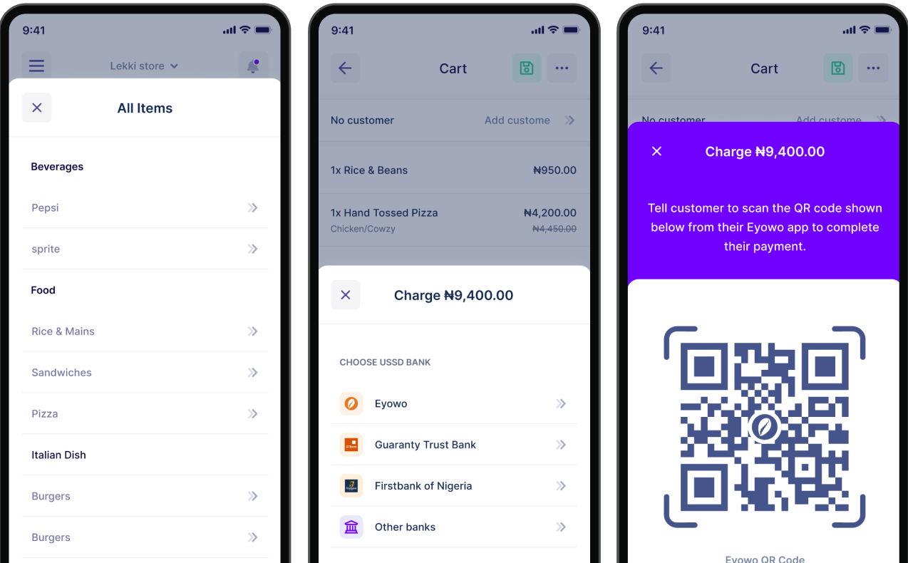 Kwiksell sell screen: item list, cart, and USSD/QR payment